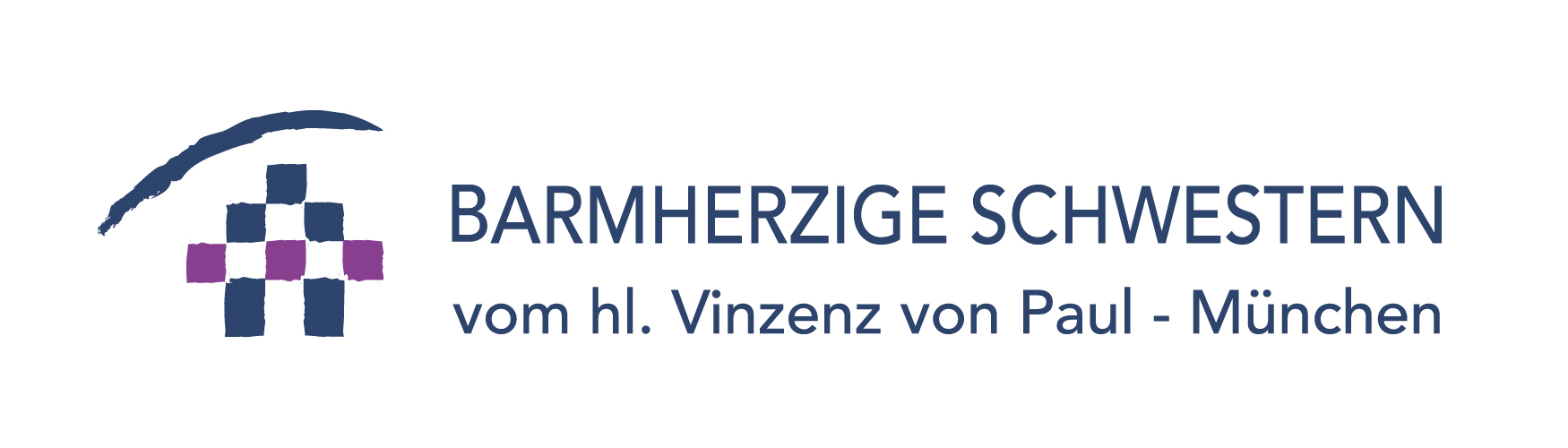Logo der Barmherzigen Schwestern vom hl. Vinzenz von Paul - München, bestehend aus blauen und violetten Pinselstrichquadraten mit einem blauen Bogen darüber und dem Namen der Organisation in blauer Schrift auf weißem Hintergrund.
