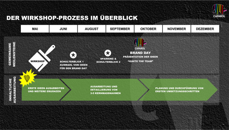 Eine grafische Zeitleiste, die einen Workshop-Prozess von Mai bis Dezember skizziert und die Schritte Brainstorming, Sparring, Markentag und Umsetzung zeigt. Die Abschnitte sind farblich kodiert und mit Aktivitäten und Meilensteinen beschriftet. Das CAPAROL-Logo erscheint zweimal.