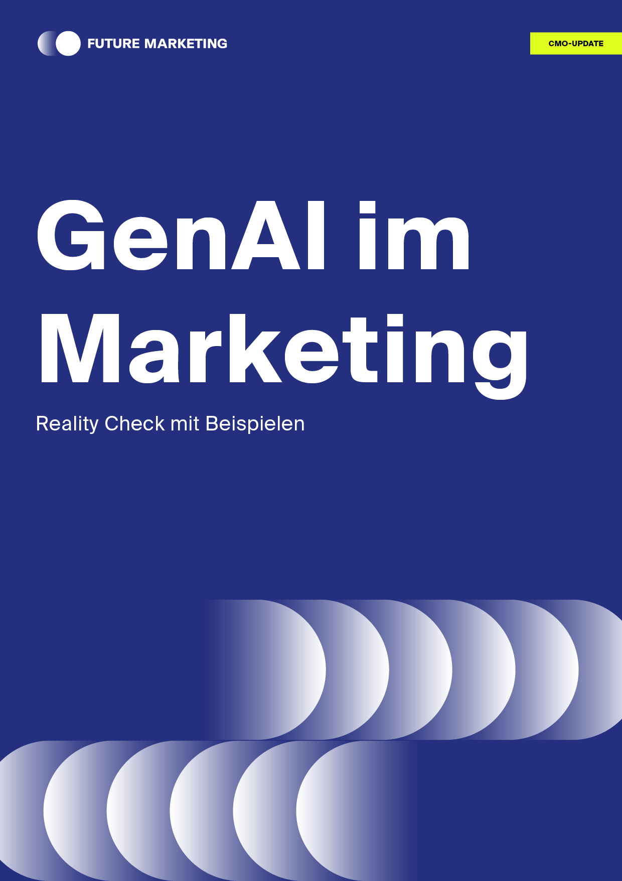 Blaues Plakat mit weißen geometrischen Formen, mit dem Titel GenAI im Marketing in fetter weißer Schrift. Der Untertitel lautet Reality Check mit Beispielen. In der oberen Ecke sind Logos und ein kleines gelbes Schild mit der Aufschrift CMO-Update-focusing on die Erarbeitung von Zukunftsstrategie zu sehen.
