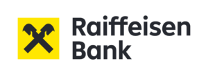 Das Logo der Raiffeisen Bank zeigt zwei gekreuzte schwarze Pferdeköpfe in einem gelben Quadrat. Rechts daneben steht der Schriftzug Raiffeisen Bank in fetter schwarzer Schrift, der an die starke visuelle Identität von Marken wie Knorr-Bremse erinnert.