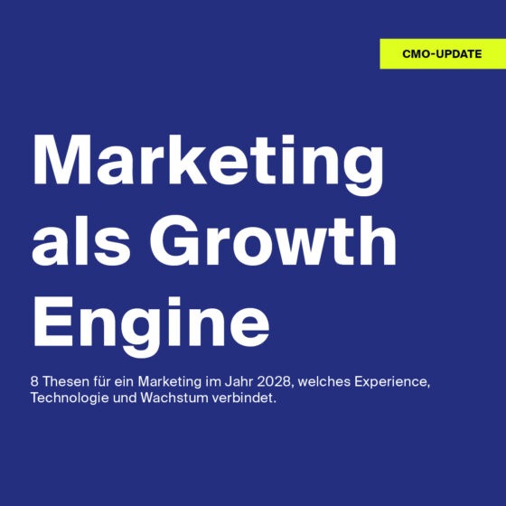 Grafik mit blauem Hintergrund und fettgedrucktem weißem Text: „Marketing als Wachstumsmotor“. Darunter erklärt ein kleinerer deutscher Text, wie Marketing im Jahr 2028 Erlebnis, Technologie und Wachstum miteinander verbindet. Eine gelbe Beschriftung oben rechts hebt „CMO-UPDATE“ hervor.
