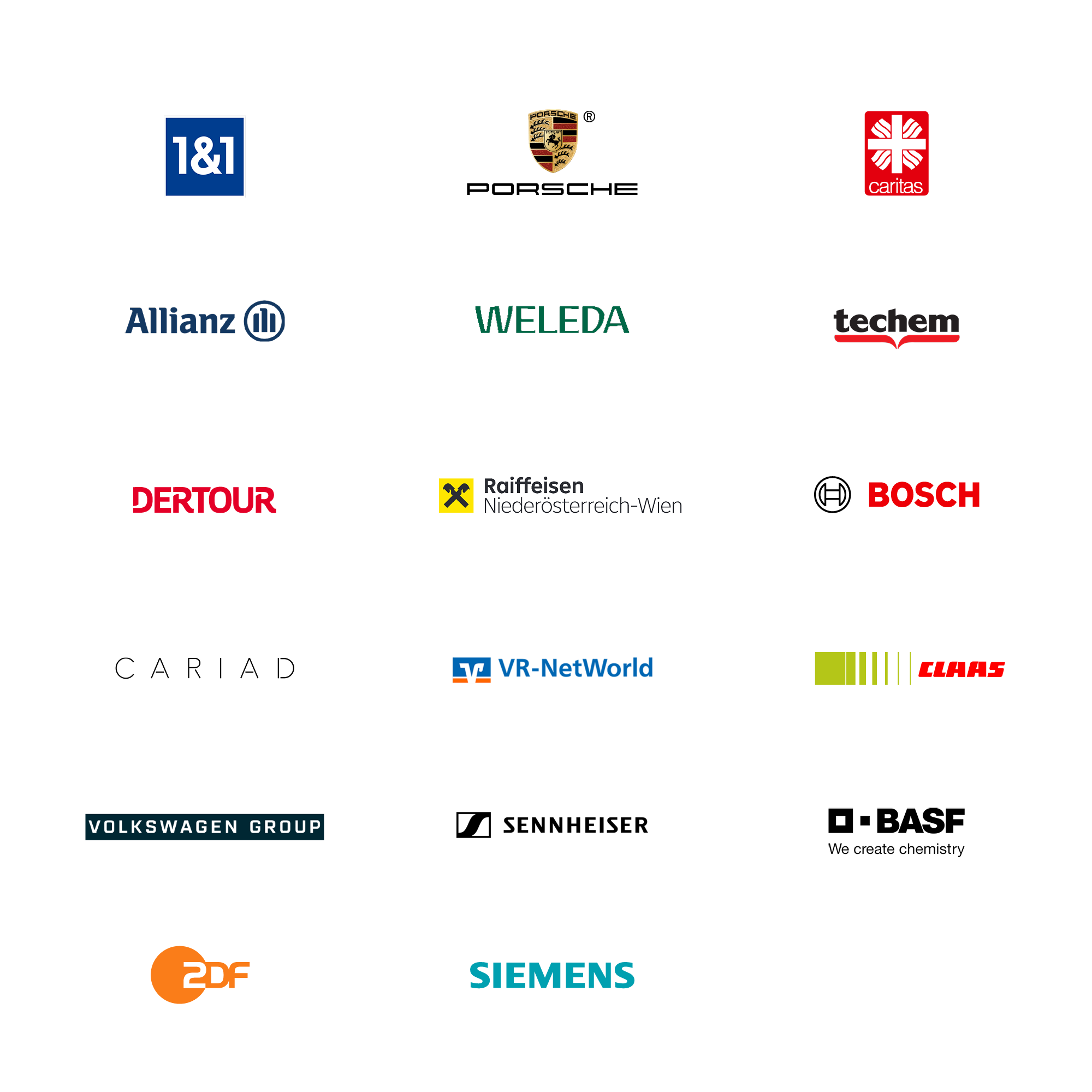 Ein Raster aus 18 Firmenlogos, darunter Porsche, Allianz, Caritas, Weleda, Bosch, Siemens, BASF, Sennheiser und der Volkswagen-Konzern – führende Unternehmen in ihren jeweiligen Branchen und häufig Kunden von Strategie- und Transformationsberatungsunternehmen –, dargestellt auf einem schlichten weißen Hintergrund.