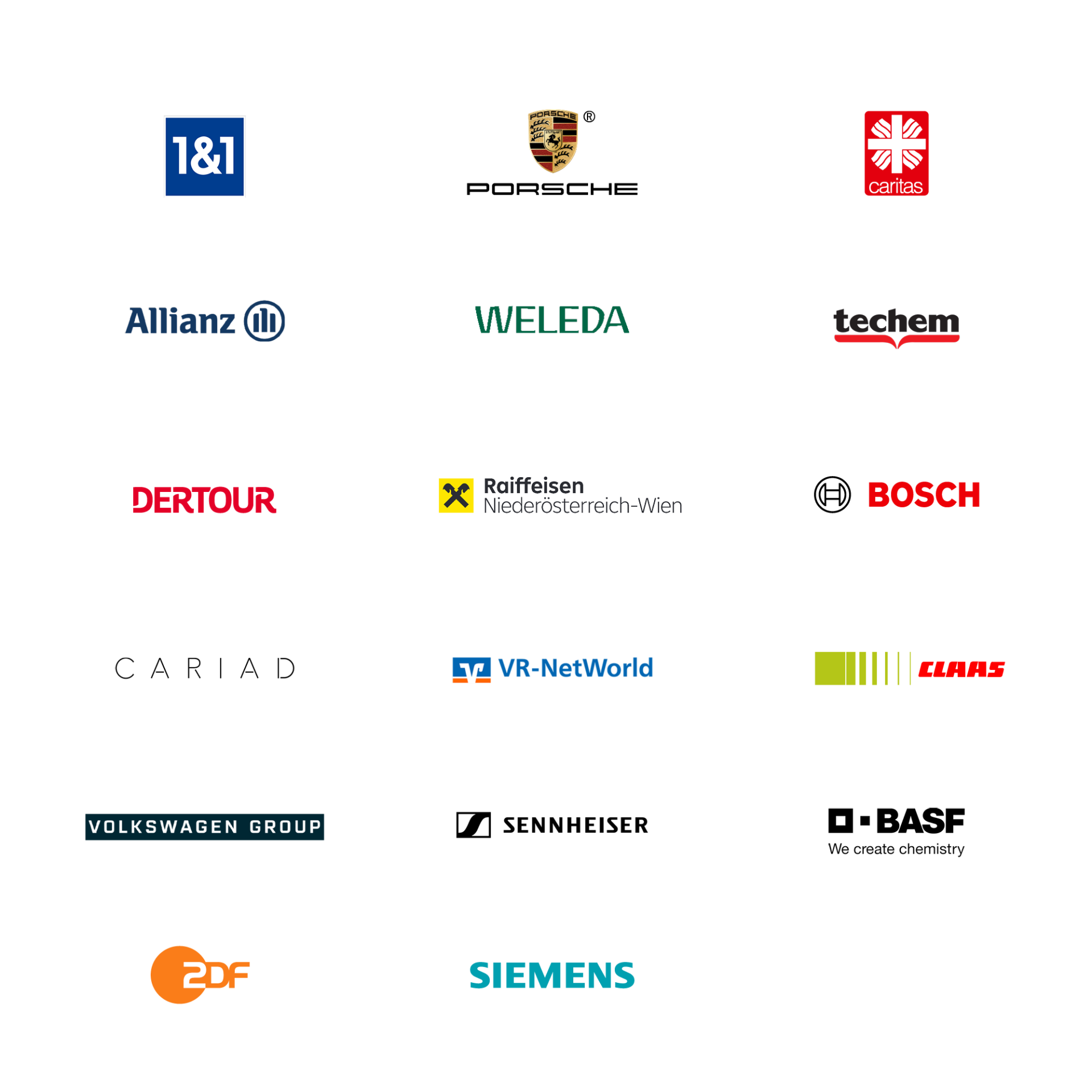 Ein Raster mit 18 Firmenlogos, darunter Porsche, Allianz, Bosch, Siemens, der Volkswagen-Konzern, BASF, Caritas, Weleda, Claas, ZDF, Sennheiser, Dertour und andere, auf weißem Hintergrund.