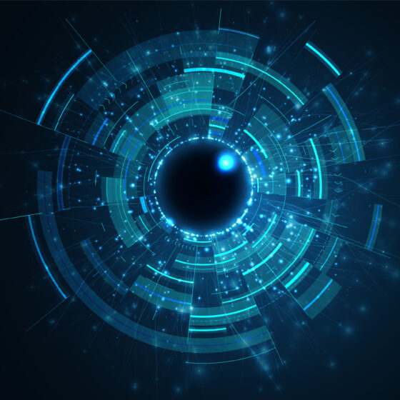 Abstraktes digitales Bild einer leuchtend blauen, kreisförmigen Oberfläche mit segmentierten Ringen, Lichtstrahlen und Funken, die an ein futuristisches Auge oder einen Technologietunnel vor dunklem Hintergrund erinnert – und damit den Innovationsgeist des Referenzmodells „Marketing 2030“ sowie die Entwicklung des Marketings der Zukunft verkörpert.